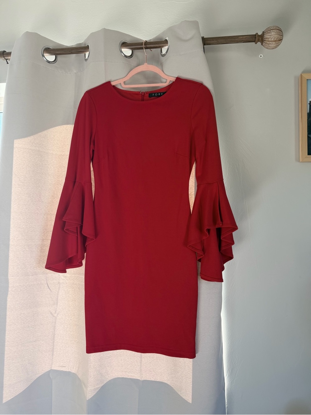 FOREO Red Ruffle Bell-Sleeve Sheath Dress